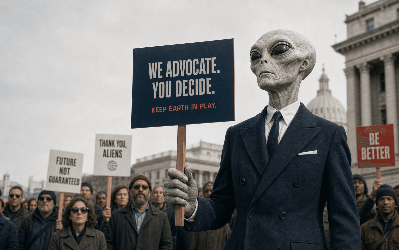 An extraterrestrial delegate advocating for Earth at a civic rally